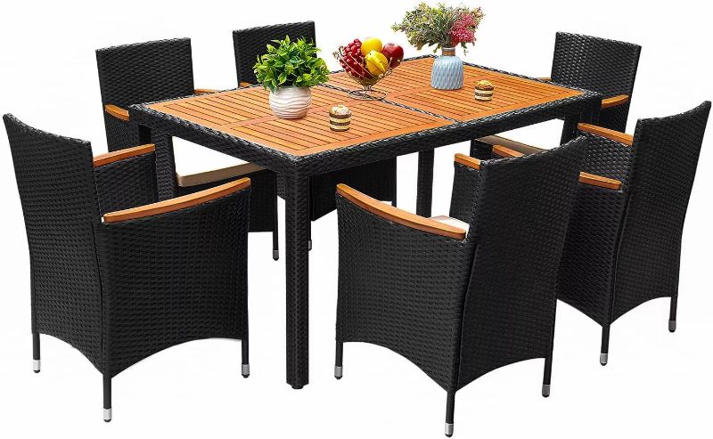 Photo 1 of Flamaker 7 Piece Patio Dining Set Outdoor Acacia Wood Table and Chairs with Soft Cushions Wicker Patio Furniture for Deck, Backyard, Garden