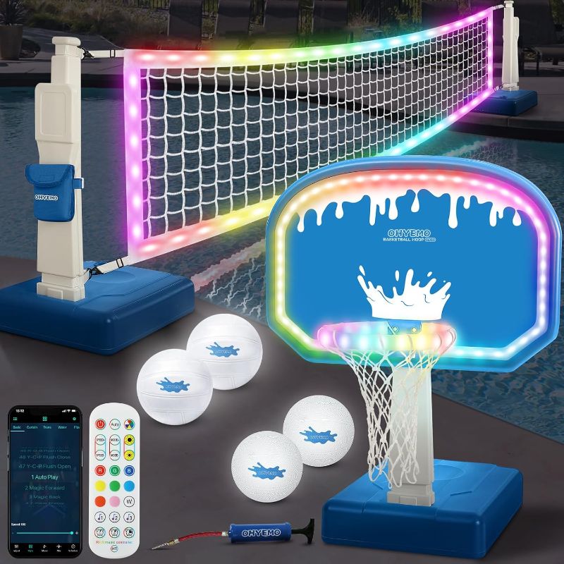 Photo 1 of 2-in-1 LED Pool Volleyball & Basketball Game Set, Light Up Pool Sport Combo Set with 14in LED Rim/4 Glow Balls/2 Base/Pump, Inground Swimming Pool Toy Party Games for Adults & Family