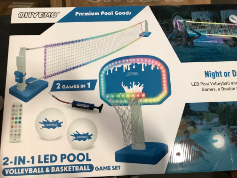 Photo 3 of 2-in-1 LED Pool Volleyball & Basketball Game Set, Light Up Pool Sport Combo Set with 14in LED Rim/4 Glow Balls/2 Base/Pump, Inground Swimming Pool Toy Party Games for Adults & Family