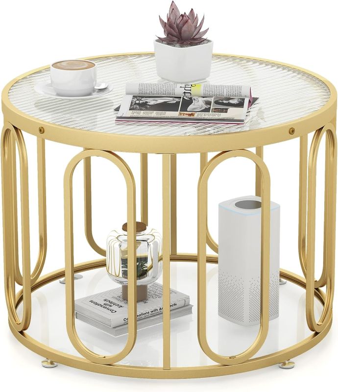 Photo 1 of Giantex Round Glass Coffee Table, 2-Tier Modern Side Sofa Tea Table with Tempered Glass Top & Oval Swivel Brackets, 24" Circle Cocktail Tables, Accent Center Table for Living Room Office (Gold)