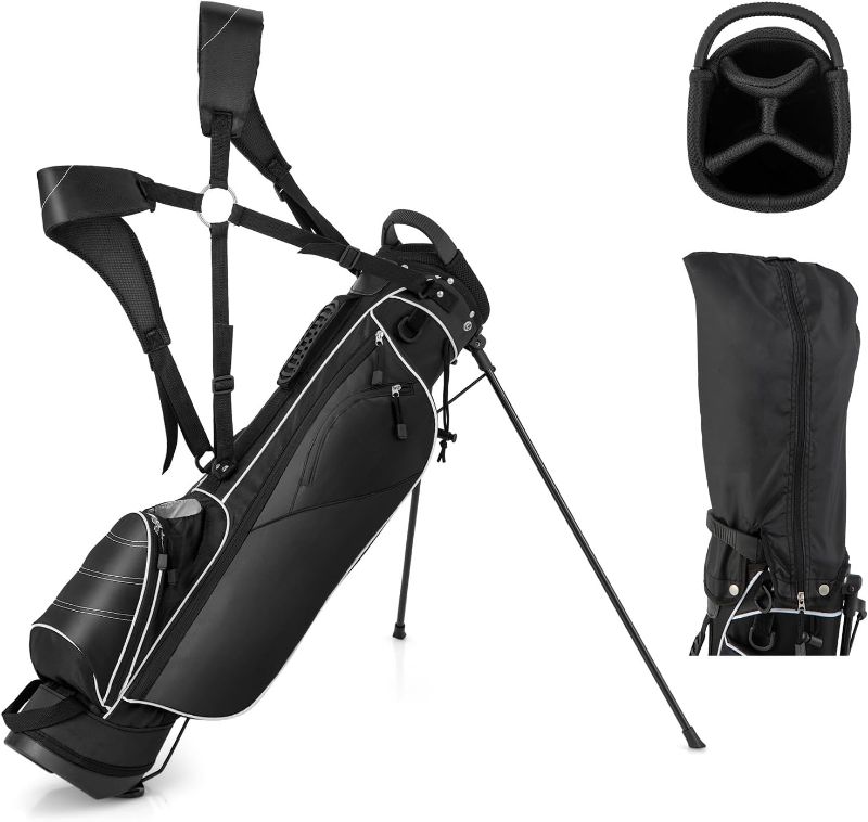 Photo 1 of Goplus Golf Stand Bag, Lightweight Golf Club Bag with 4 Way Top Dividers, Rain Hood, Cooler Bag, 4 Zippered Pockets, Dual Shoulder Strap, Portable Golf Bag with Stand for Women Men