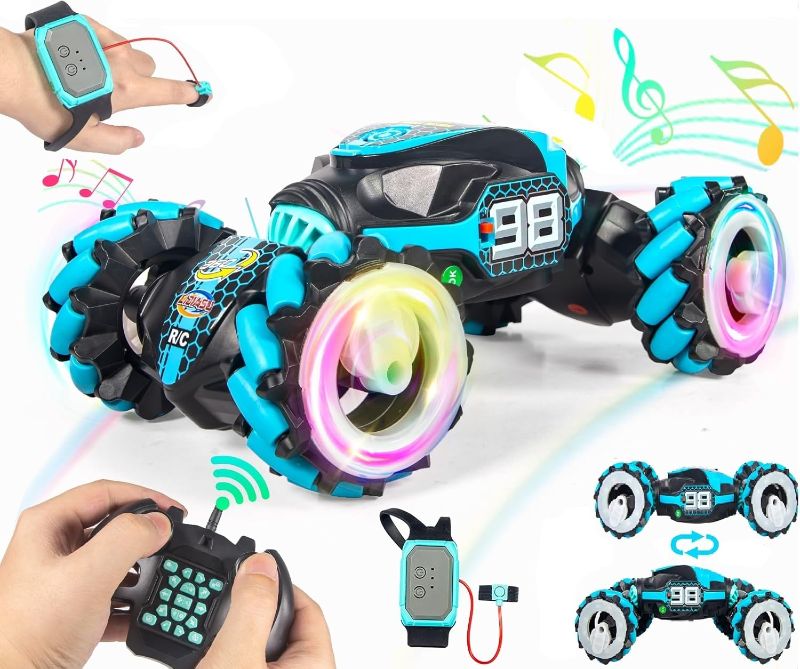 Photo 1 of Boxgear 1:12 Gesture Sensing RC Stunt Car Off-Road, Four-Wheel Drive, Sports Mode, 40 Min Standby Suitable for Any Terrain, 2.4G Gesture Controlled Double-Sided Remote-Control Car Toy for Kids, Blue