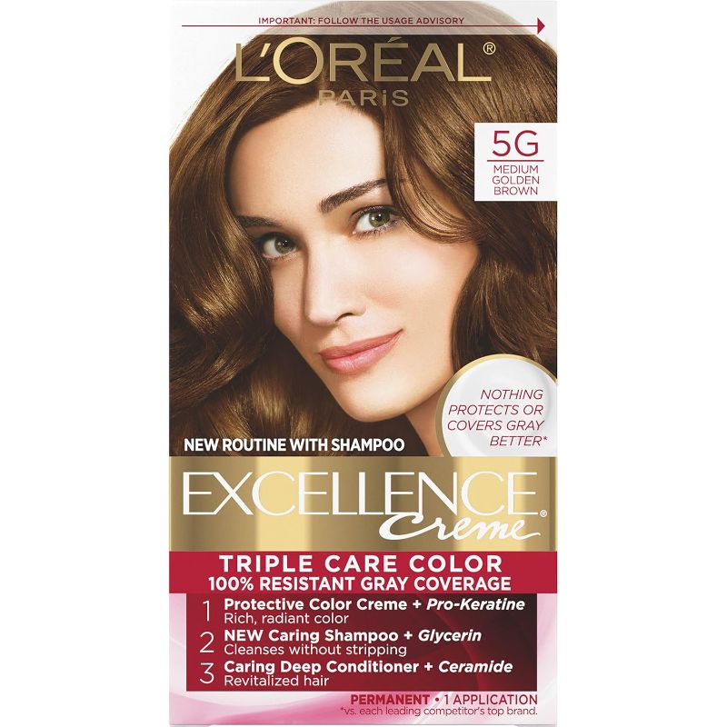 Photo 1 of L'Oreal Paris Excellence Creme Permanent Triple Care Hair Color, 5G Medium Golden Brown, Gray Coverage For Up to 8 Weeks, All Hair Types, Pack of 1