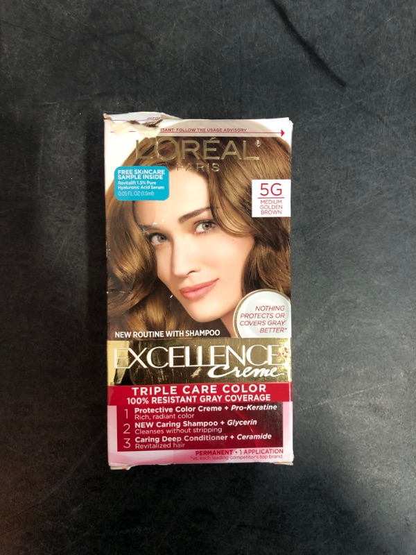 Photo 3 of L'Oreal Paris Excellence Creme Permanent Triple Care Hair Color, 5G Medium Golden Brown, Gray Coverage For Up to 8 Weeks, All Hair Types, Pack of 1