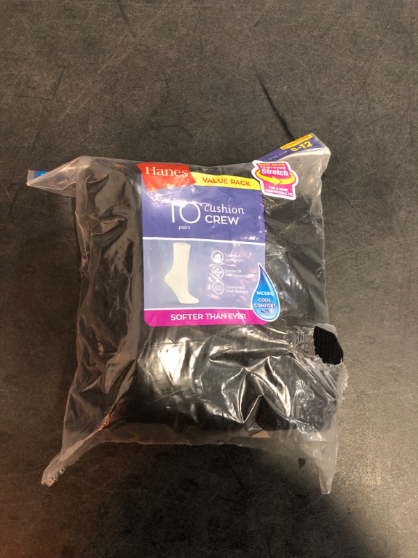 Photo 1 of (Size 8-12) Hanes Women's Athletic Crew Socks, Full Sole Cushion, 10-Pairs Black