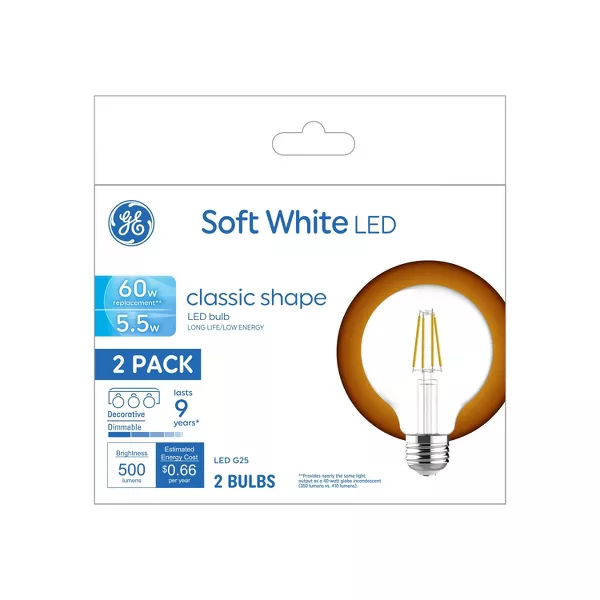 Photo 1 of GE 2pk 60W G25 LED Globe Light Bulbs Soft White
