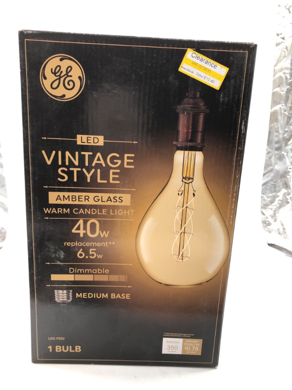 Photo 2 of GE 40W Vintage Style PS52 LED Light Bulb Amber Glass
