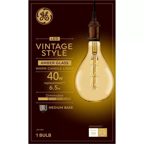 Photo 1 of GE 40W Vintage Style PS52 LED Light Bulb Amber Glass
