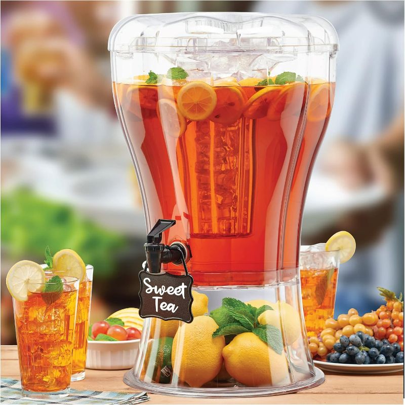 Photo 1 of Buddeez 3.5 Gallon Beverage Dispenser - Clear Drink Dispenser, 3.5 Gallon Plastic Beverage Dispenser comes with Stand, Spigot, Ice Cone, Large Punch Dispenser for Parties (Bonus Chalkboard ID Tag)
