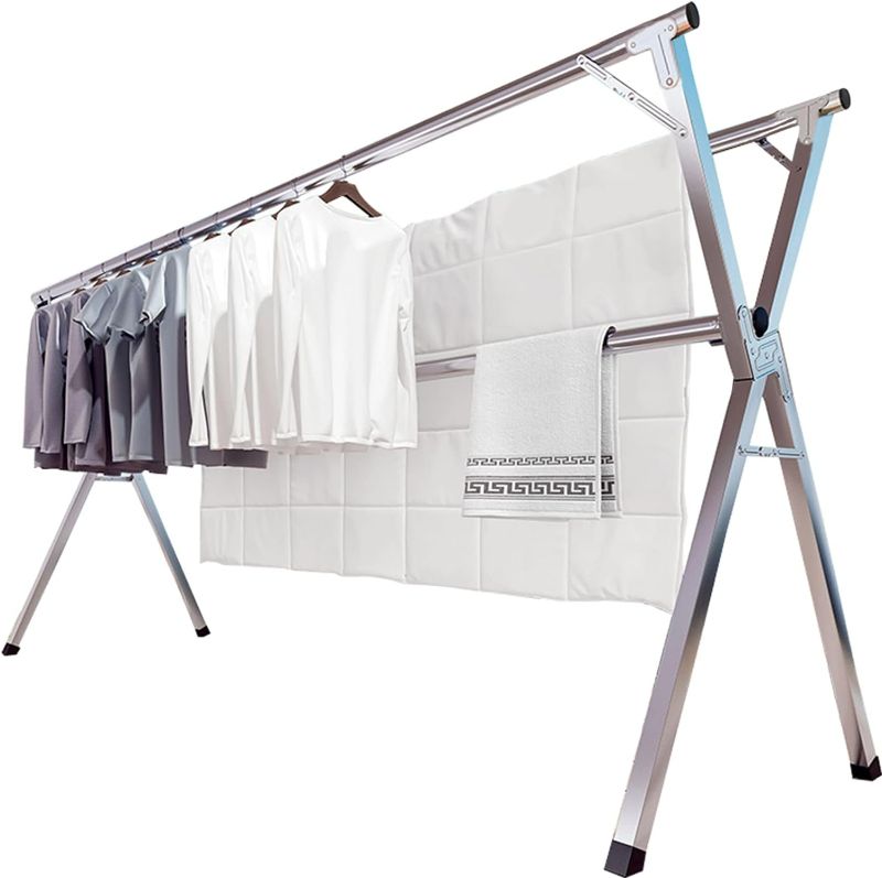 Photo 1 of JAUREE 79 Inches Clothes Drying Rack, Stainless Steel Garment Rack Adjustable and Foldable Space Saving Laundry Drying Rack for Indoor Outdoor with 20 Windproof Hooks
