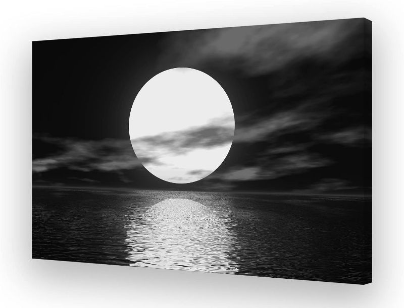 Photo 1 of Cao Gen Decor Art S06469 Wall Art Canvas Sea White Full Moon in Night Picture Canvas Poster Print Black and White Ocean for Living Room Bedroom Kitchen Home Decorations Framed Artwork
