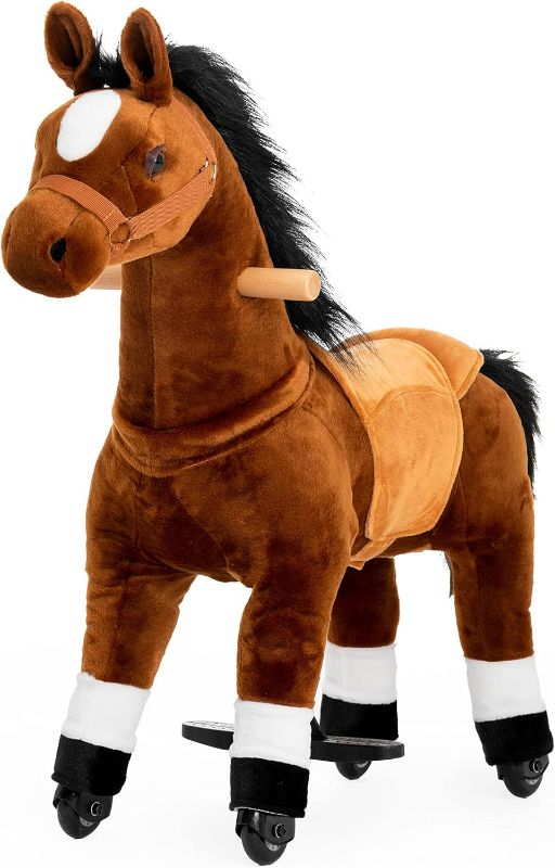 Photo 1 of Ride on Horse Toys, Kids Riding Horse Toys Ride on Toys for 3-5 Years Old, Premium Plush Animals Toys Walking Horse with Wheels (Brown, 29.92" L x 9.84" W x 31.12" H)
