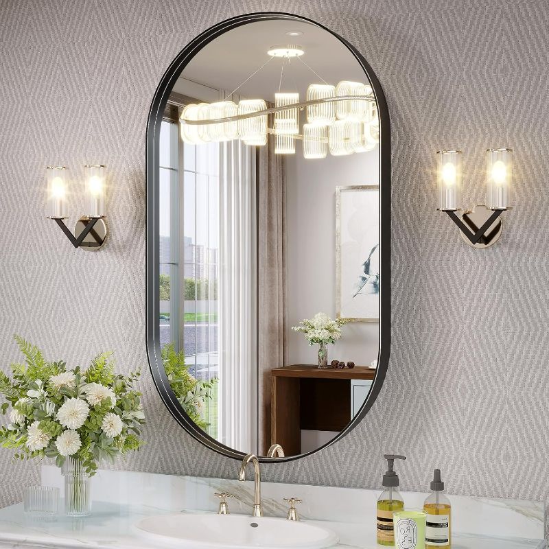 Photo 1 of Oval Mirror, 20 x 36 inch Black Bathroom Mirror, Oval Mirror for Bathroom, Black Vanity Mirror for Wall, Entryway, Living Room, Wall Mount Mirrors Hangs Vertical or Horizontal

