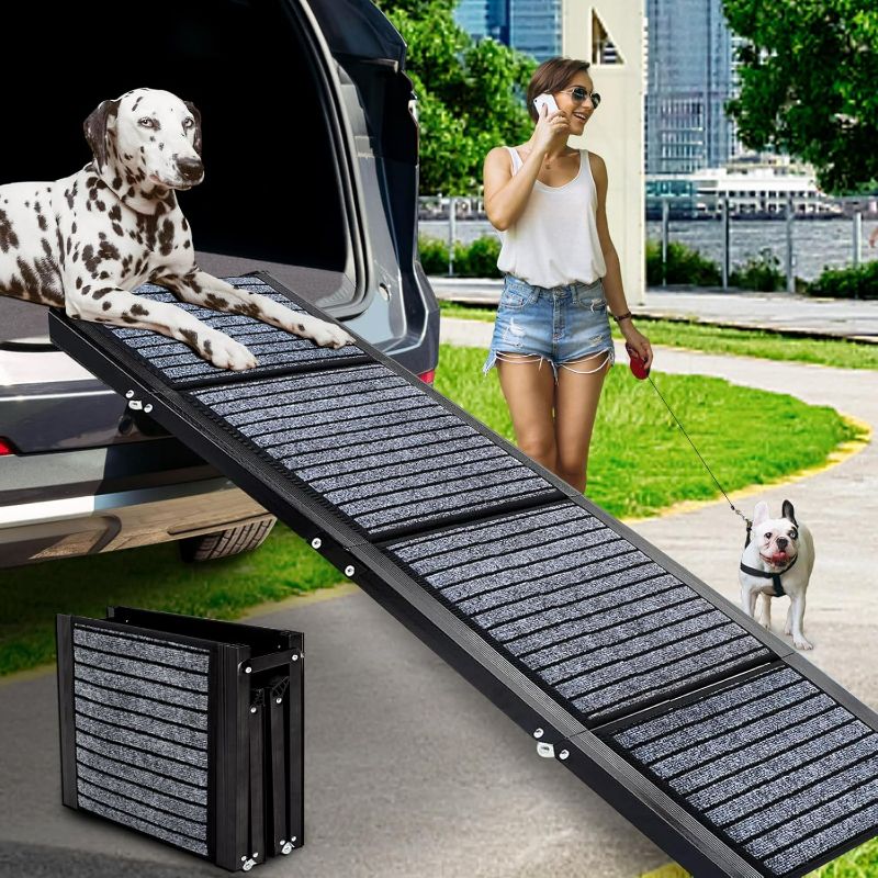 Photo 1 of Folding Dog Car Ramp for Medium & Large Dogs, Portable Pet Stair with Non-Slip Rug Surface, 62'' Long 17'' Extra Wide Steps Dogs Up to 200LBS Enter a Car, SUV Truck,Black and Grey
