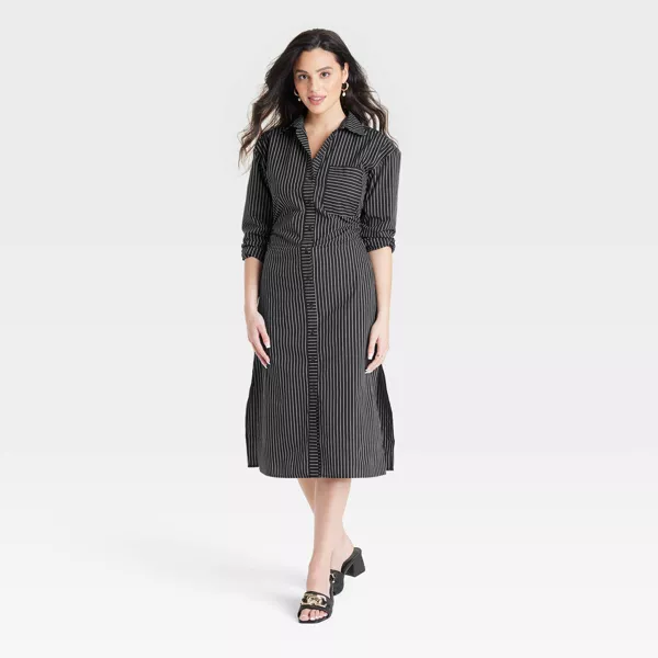 Photo 1 of Large Women's Versatile Long Sleeve Midi Shirtdress - A New Day™ Black/White Striped
