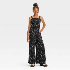 Photo 1 of Black Size Small Girls' Ruched Waist and Strap Cut Out Back Floral Printed Jumpsuit - art class 