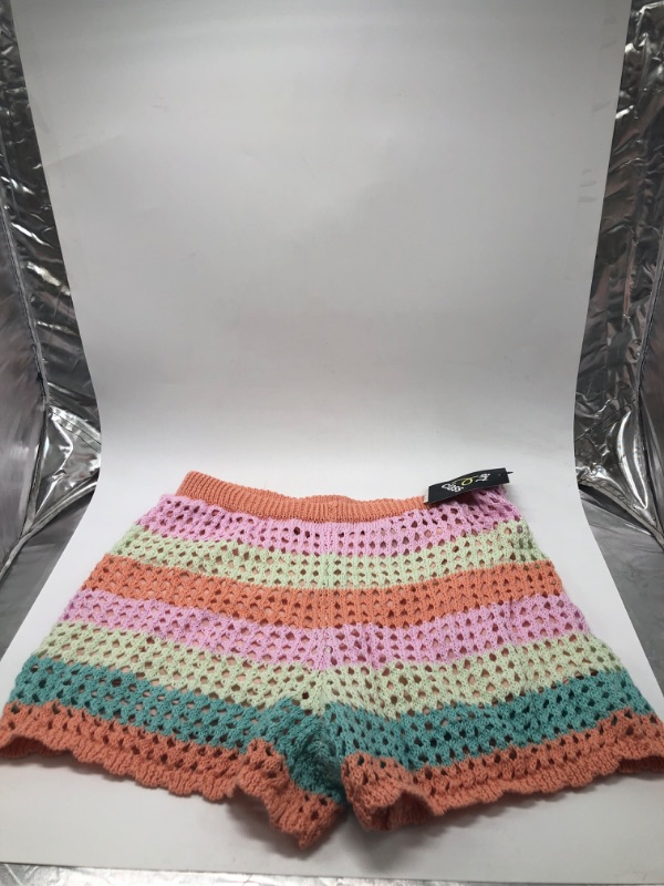 Photo 2 of L Peach Orange Striped Girls' Open Knit Sweater Shorts - art class 