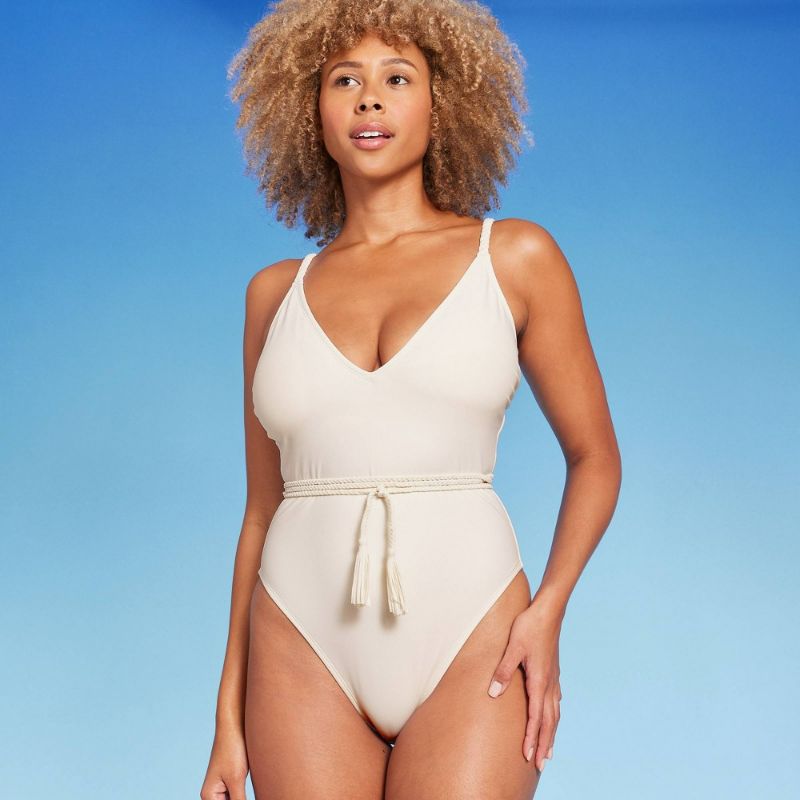 Photo 1 of Medium Women'sBraid Detail Extra High Leg One Piece Swimsuit - Shade & Shore™ Off-White  Tank Style, Cheeky Coverage, Adjustable Straps
