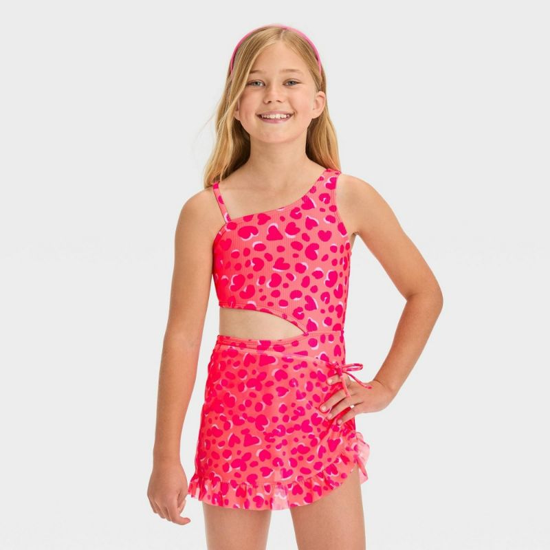 Photo 1 of Girls' Large 10-12 Leopard Spot Printed One Piece Swimsuit Set - Cat & Jack™ Pink 
