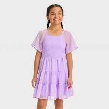 Photo 1 of Girls' Small Smocked Bodice Flutter Sleeve Textured Dress - art class Purple 