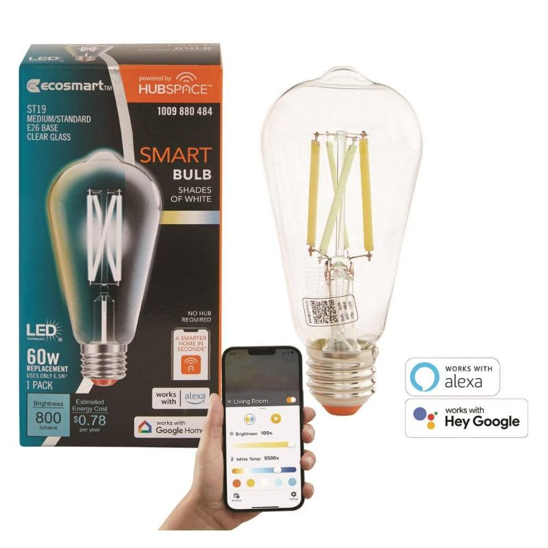 Photo 1 of 60-Watt Equivalent Smart ST19 Clear Tunable White CEC LED Light Bulb with Voice Control (1-Bulb) Powered by Hubspace
