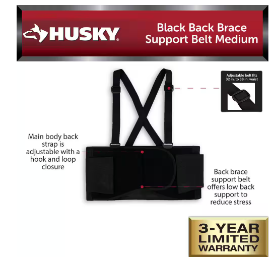 Photo 1 of Husky Black Work Back Brace Support Belt Medium