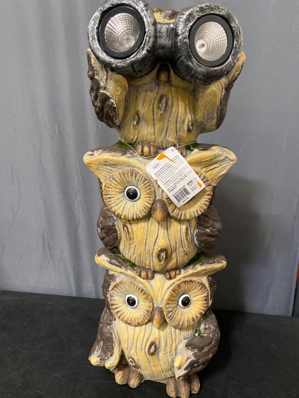 Photo 2 of Alpine Corporation 10 X 25 Charming Stacked Owls Statue with LED Lights Brown
