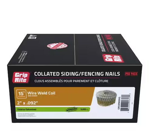 Photo 1 of Grip-Rite
2 in. x 0.092 in. 15° Exterior Galvanized Wire Collated Ring Shank Nails 3000 per Box