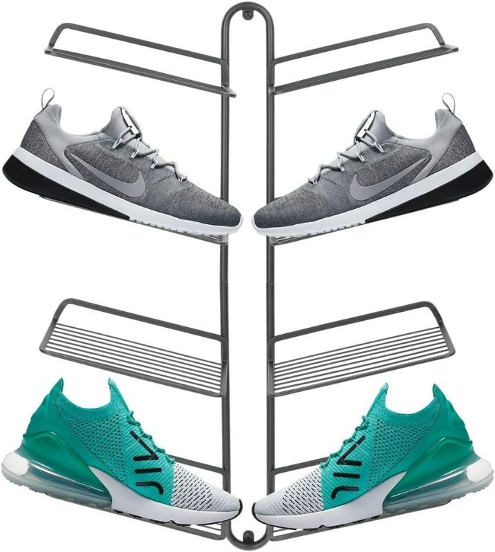 Photo 1 of mDesign Modern Metal Shoe Organizer Display & Storage Shelf Rack - Hang & Store Your Collection of Kicks, Running, Basketball, Trainers, Tennis Shoes, 4 Tier, Holds 8 Shoes, Wall Mount - Graphite Gray
