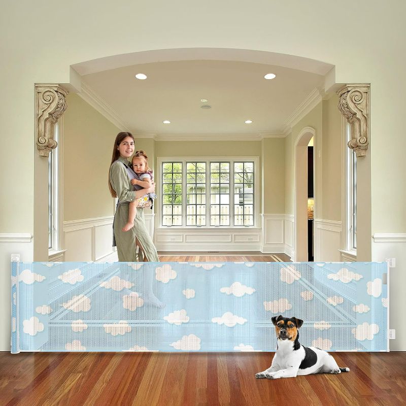 Photo 1 of 120 Inch Extra Wide Retractable Baby gate with Charm Cloud Indoor/Outdoor Stairs Large Opening Perfect for Kids and pet
