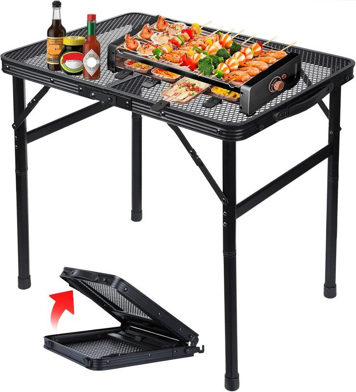 Photo 1 of Folding Grill Table Metal Portable Camping Table with Mesh Desktop Lightweight & Foldable Height Adjustable Black Picnic Table for RV, BBQ Outside Inside
