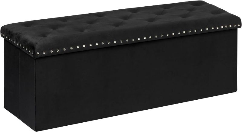 Photo 1 of B FSOBEIIALEO Storage Ottoman Bench, Folding Tufted Ottomans with Storage, Extra Large 140L Toy Chest Storage Boxes Footrest Bench for Bedroom, Luxury Velvet Fabric 43 Inches Black
