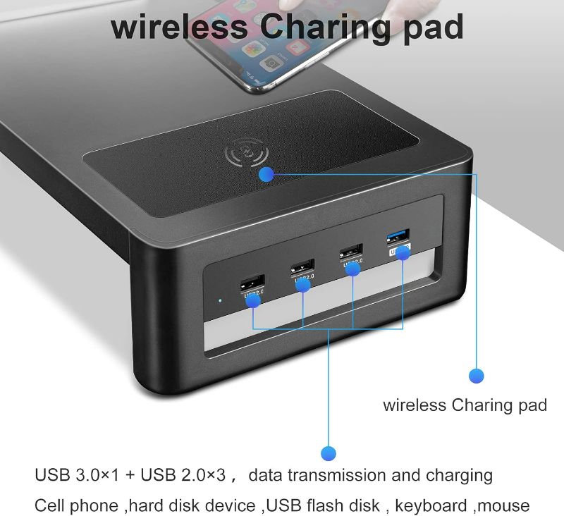 Photo 2 of Dual Monitor Stand with Wireless Charging and 4 USB 3.0 Ports, Steel Monitor Stands for 2 Monitors, Metal Computer Stand Riser for Desk, Office, Laptop, PC, iMac up to 32 Inches (Black)
