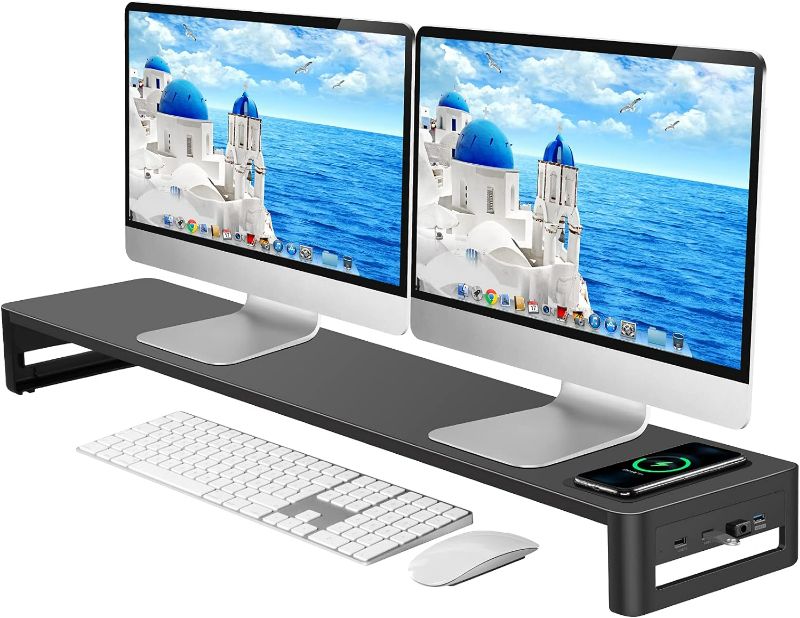 Photo 1 of Dual Monitor Stand with Wireless Charging and 4 USB 3.0 Ports, Steel Monitor Stands for 2 Monitors, Metal Computer Stand Riser for Desk, Office, Laptop, PC, iMac up to 32 Inches (Black)
