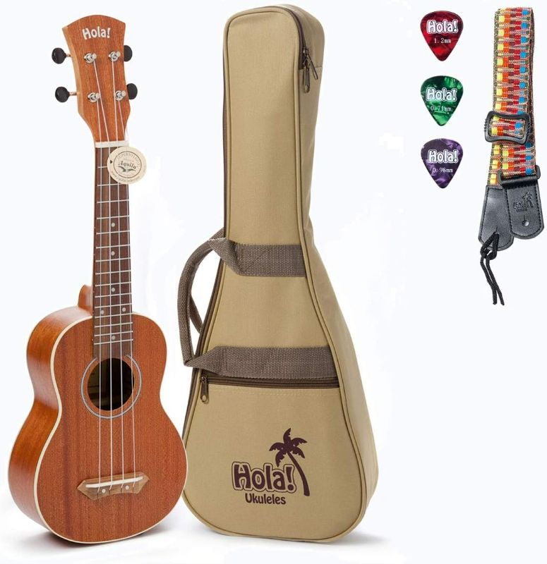 Photo 1 of Hola! Music HM-121MG+ Deluxe Mahogany Soprano Ukulele Bundle with Aquila Strings, Padded Gig Bag, Strap and Picks, Natural
