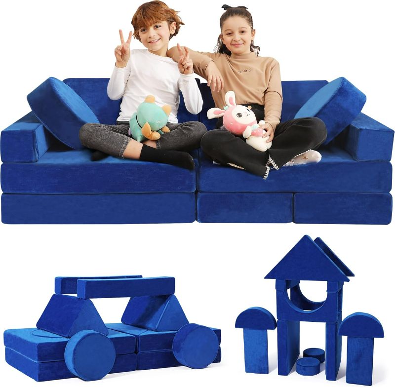 Photo 1 of Kids Couch 14 PC Modular Kids Play Couch Set – Convertible Kids Sofa Couch with Soft Foam Sofa Cushions | Kids Fort Couch, Kid Couch Play Room Furniture, Blue
