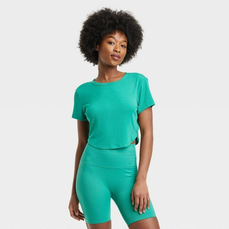 Photo 1 of Large Women's Modal Rib Cropped Short Sleeve Shirt - All in Motion™ Green 