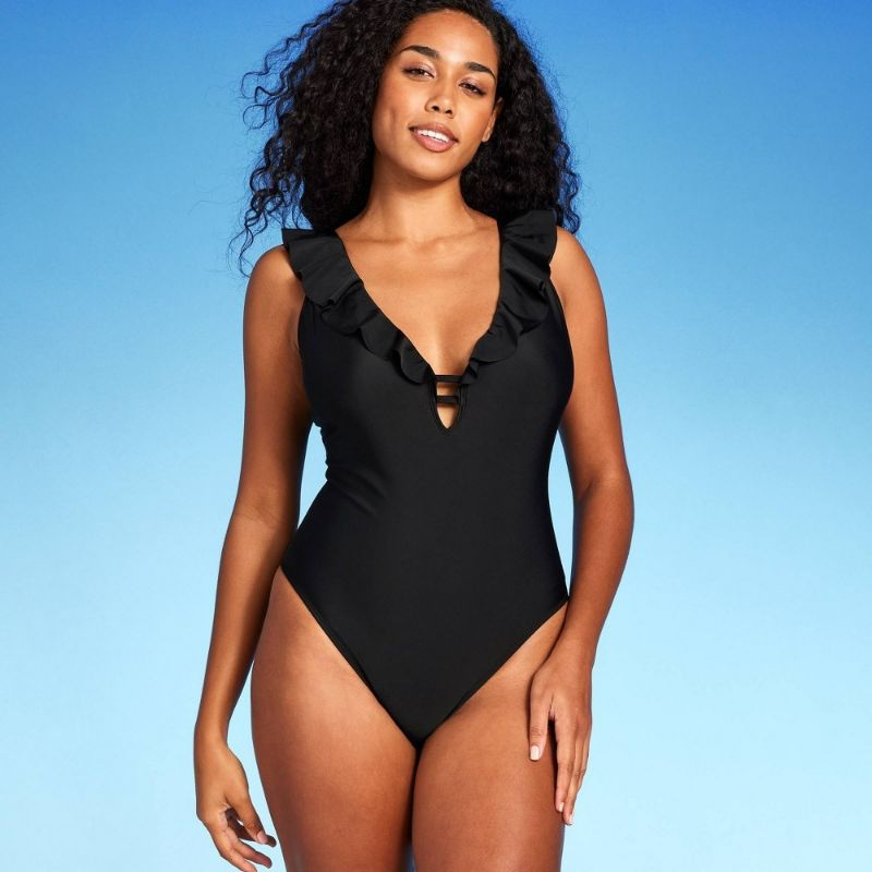 Photo 1 of Large Women's Ruffle Plunge One Piece Swimsuit - Shade & Shore™ Black L: Cheeky Cut, Adjustable Straps, V-Neck
