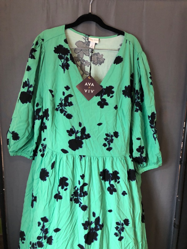 Photo 2 of 2XL Ava & Viv Dress Plus Size Balloon 3/4 Sleeve MIDI a Line Green Floral NWT
