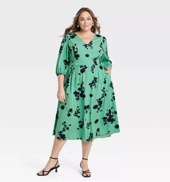 Photo 1 of 2XL Ava & Viv Dress Plus Size Balloon 3/4 Sleeve MIDI a Line Green Floral NWT
