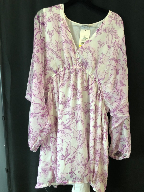 Photo 2 of Large Women's Balloon Long Sleeve Mini Dress - A New Day Cream/Purple Floral 
