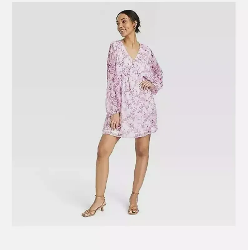 Photo 1 of Large Women's Balloon Long Sleeve Mini Dress - A New Day Cream/Purple Floral 
