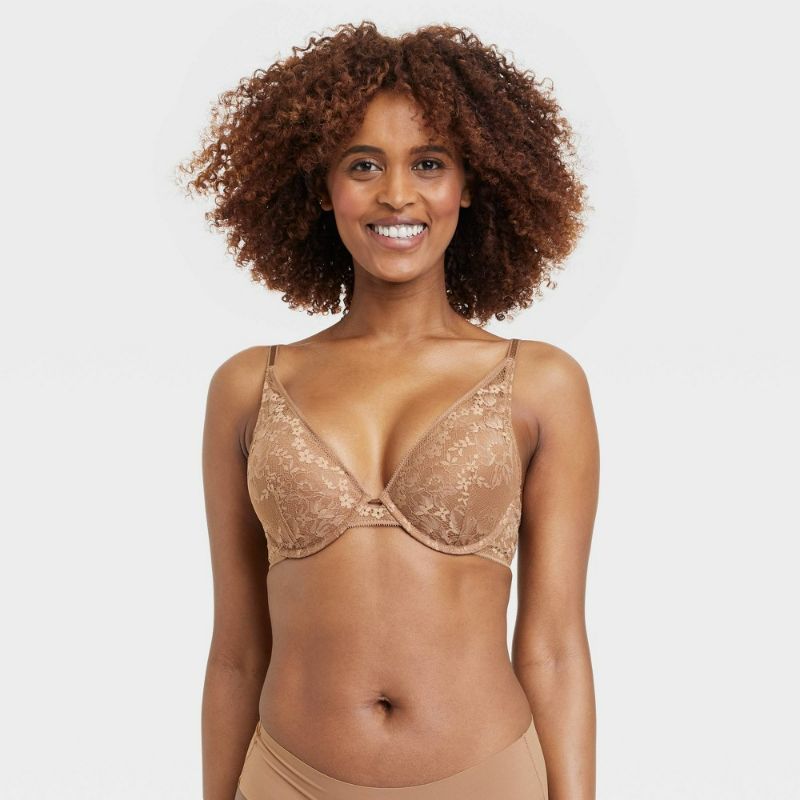 Photo 1 of 38DD Women's Lace Plunge Push-up Bra - Auden™ Brown 
