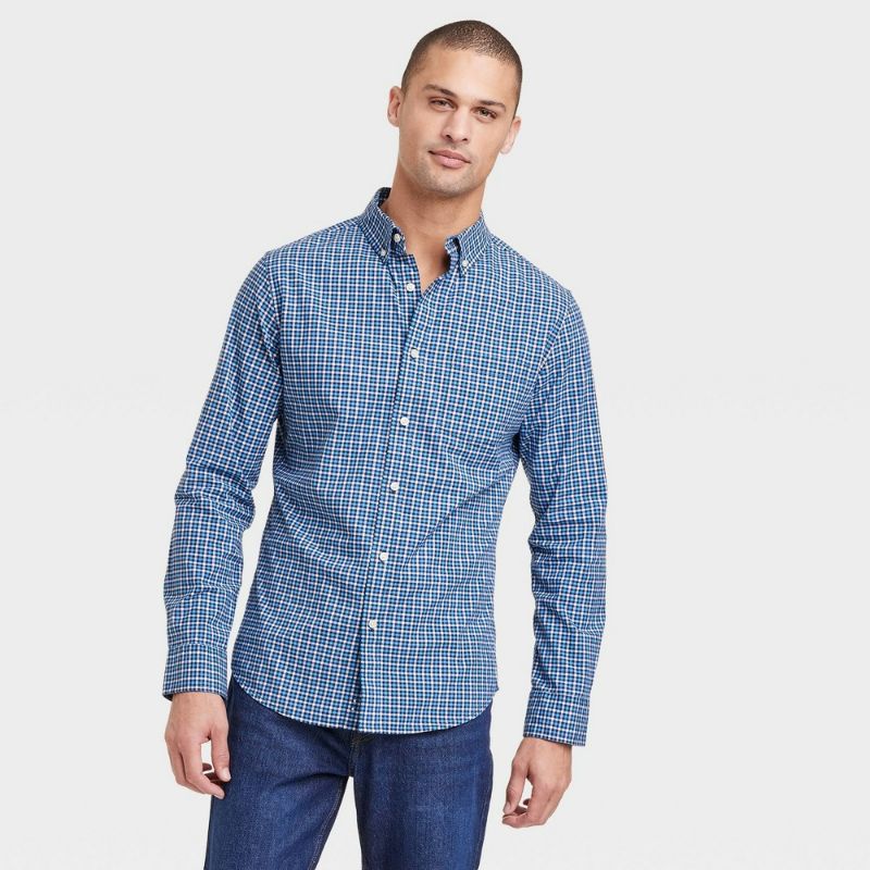 Photo 1 of Small Men's Every Wear Long Sleeve Button-Down Shirt - Goodfellow & Co™ Blue Tattersall Plaid 