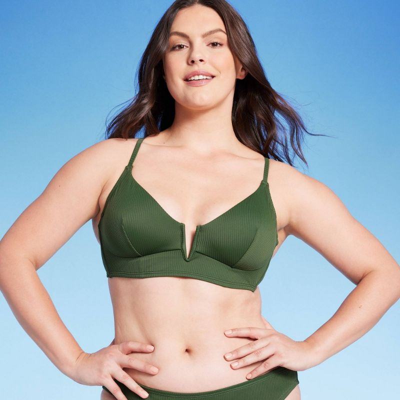 Photo 1 of 34B Women's Ribbed Longline V-Wire Bikini Top - Shade & Shore™ Dark Green 
