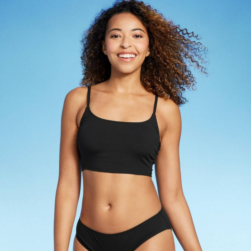 Photo 1 of Small Women's Longline Ribbed Bikini Top - Shade & Shore™ Black S: Square Neck, Adjustable Straps, Fully Lined
