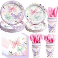 Photo 1 of Butterfly Birthday Party Supplies Disposable Paper Plates Napkins and Cups for Butterfly Girl Party Birthday Decorations