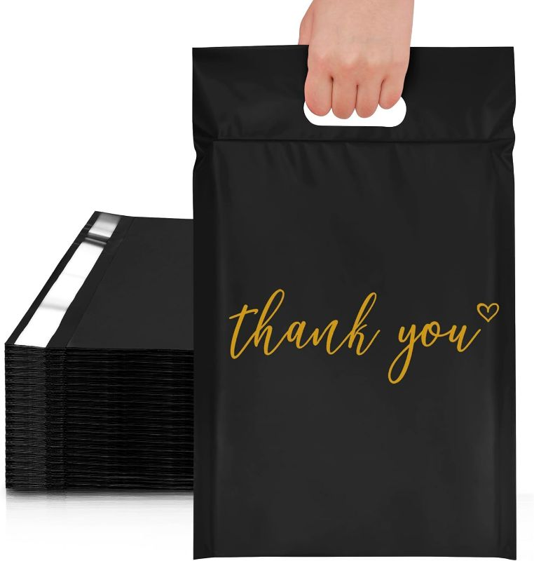 Photo 1 of JinRuiKJ Poly Mailers with Handle 10x13 Inch 100 Pcs, Easy to Carry Packaging Bags for Small Business, Thank You Shipping Bags with Self Adhesive Strip, Tearproof and Waterproof - Black