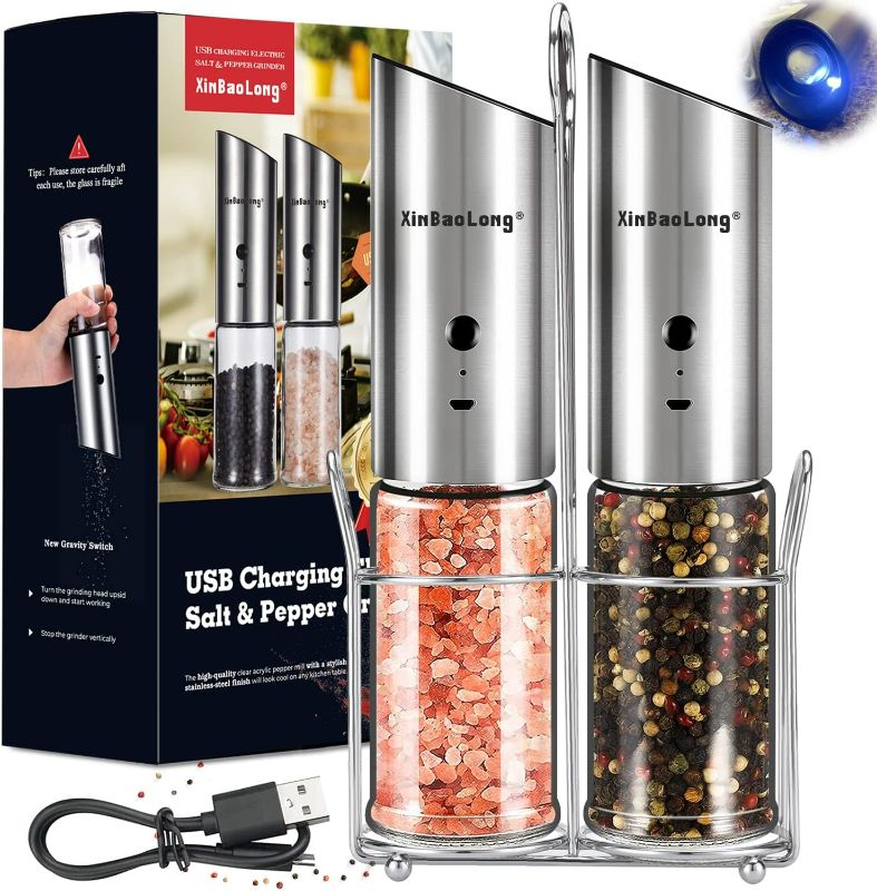 Photo 1 of Electric Salt and Pepper Grinder Set,USB Rechargeable Salt and Pepper Grinder Set,XinBaoLong Stainless Steel Pepper Grinder Refillable,Adjustable Coarseness,Gravity Salt and Pepper Grinder Set