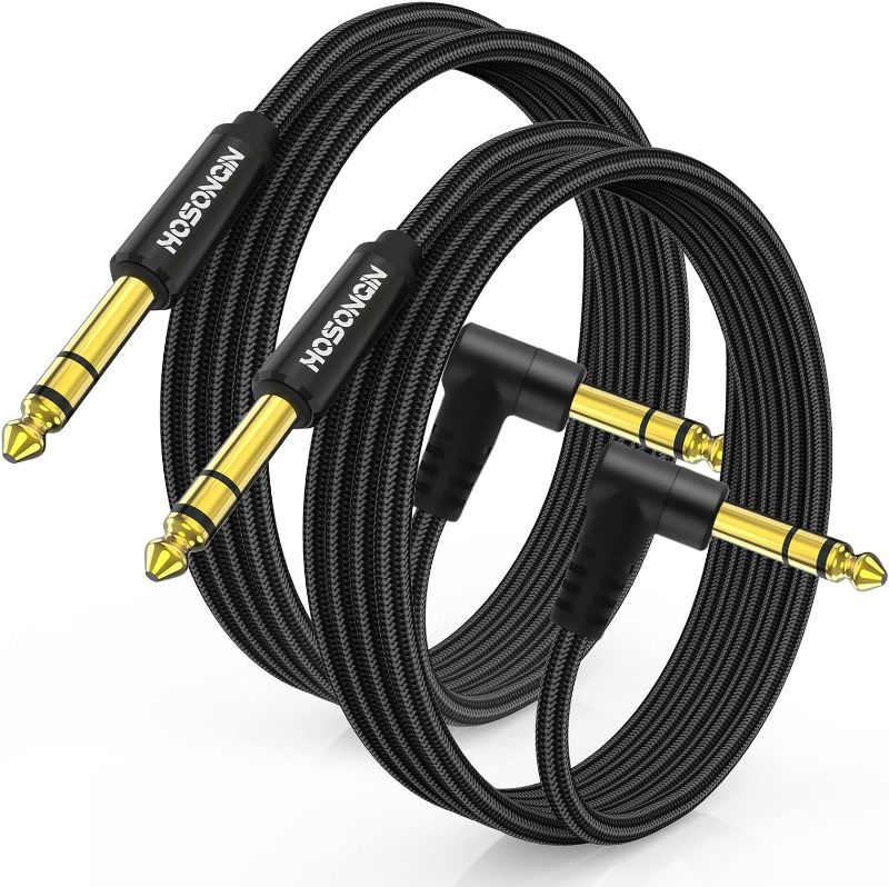 Photo 1 of HOSONGIN 1/4 Inch TRS Instrument Cable 3.3 feet 2-Pack, Straight-to-Right Angle 6.35mm Male Stereo Audio Cord, Balanced Interconnect Line for Electric Guitar, Bass, Keyboard, Mixer, Amplifier, Speaker